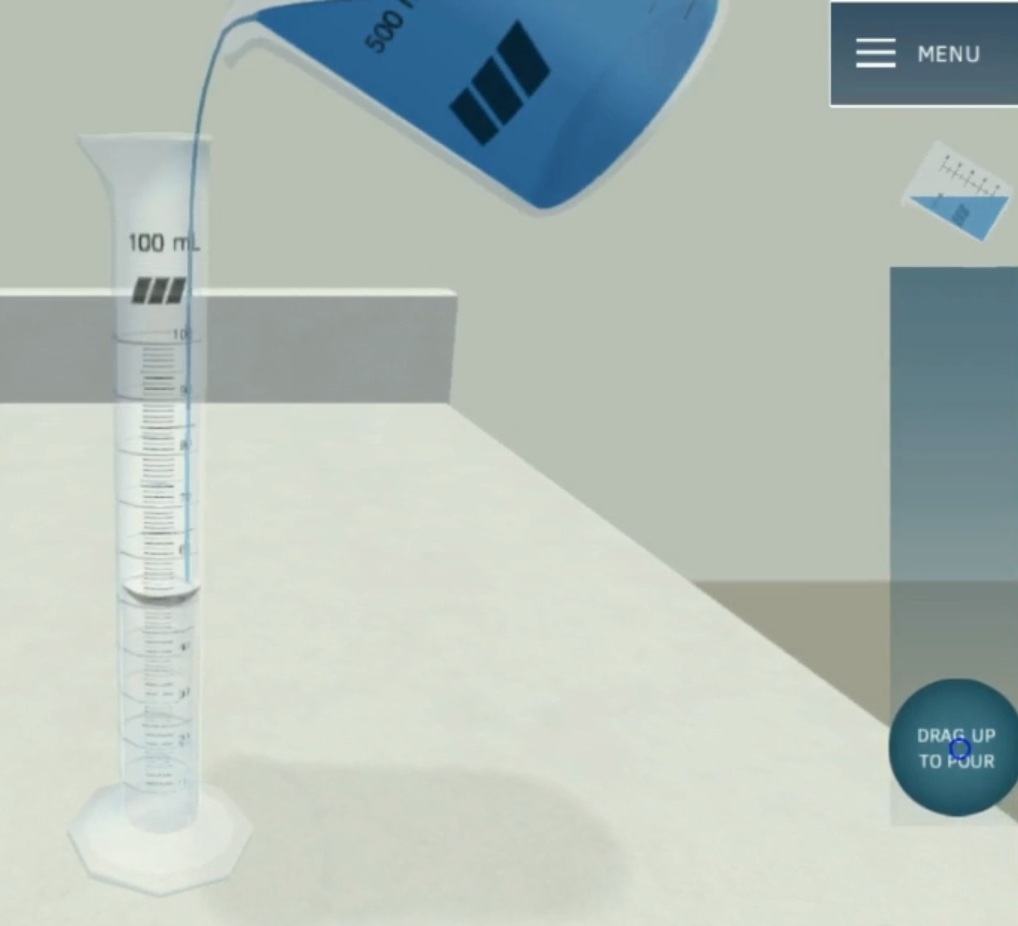 Image of simulated beaker pouring liquid into graduated cylinder with pour control UI.