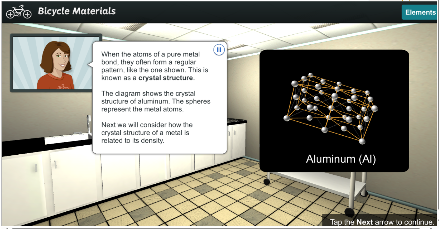 Screen capture of a Scenario Based Task, including avatar, speech bubble, and model of aluminum crystal lattice.